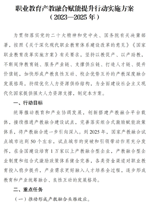 《職業(yè)教育產(chǎn)教融合賦能提升行動實施方案（2023—2025年）》的通知