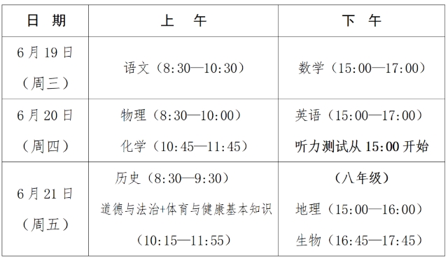 2024年泉州中考時間一覽
