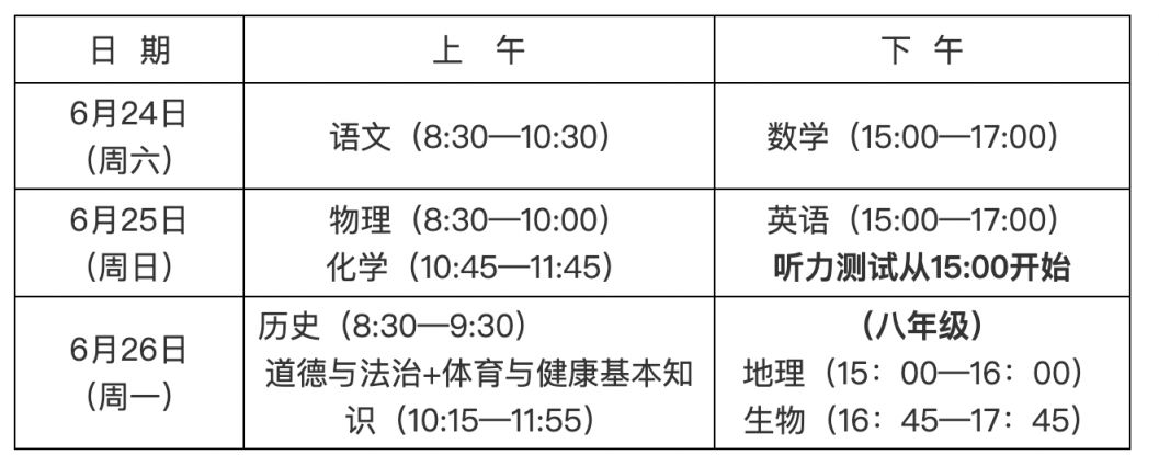 龍巖中考考試時間及考試科目安排內容